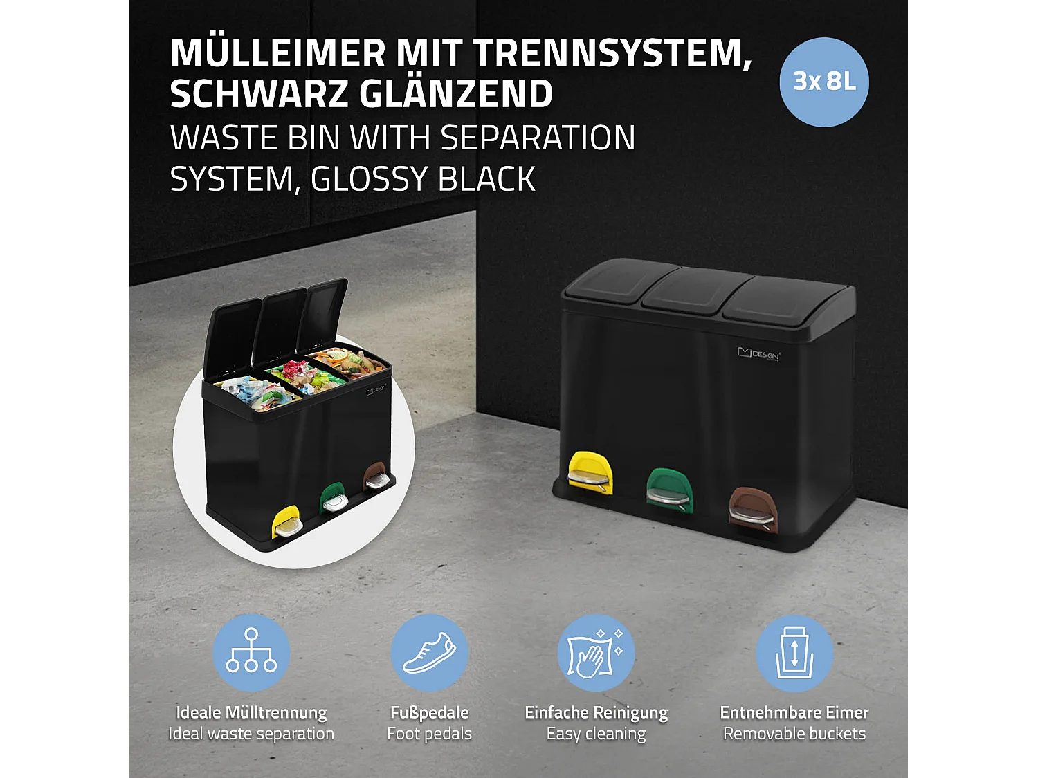 Poubelle triple cuisine à pédale tri déchets ménagers 3 bacs 3x8 L noir 24L