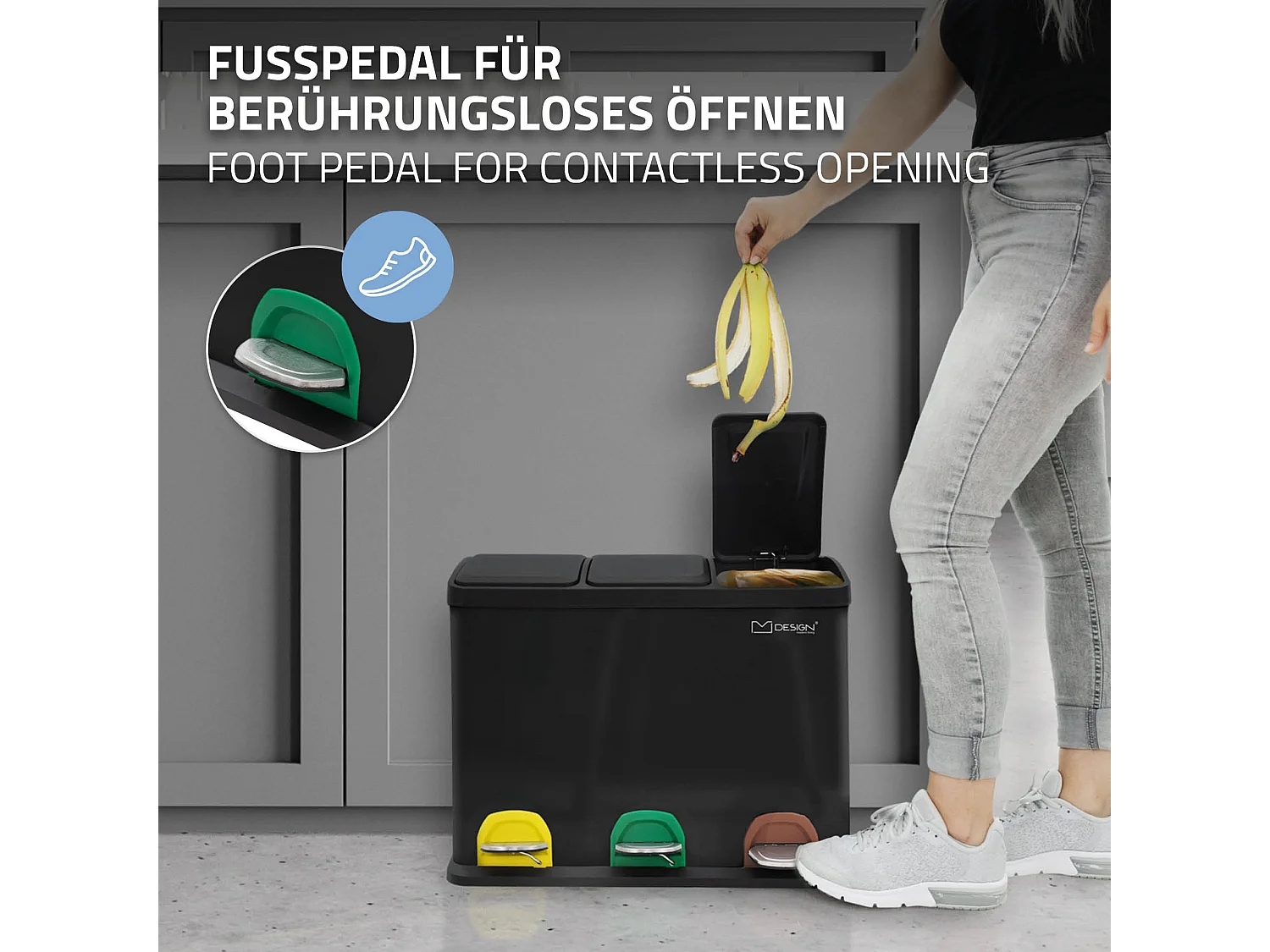 Poubelle triple cuisine à pédale tri déchets ménagers 3 bacs 3x8 L noir 24L