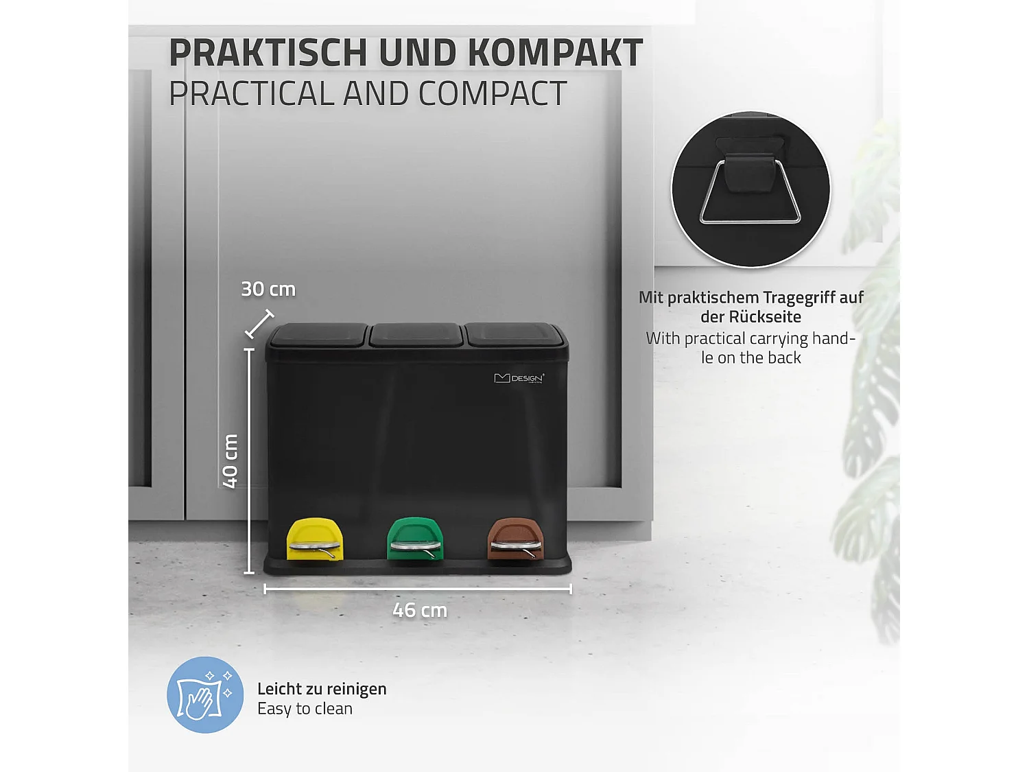 Poubelle triple cuisine à pédale tri déchets ménagers 3 bacs 3x8 L noir 24L