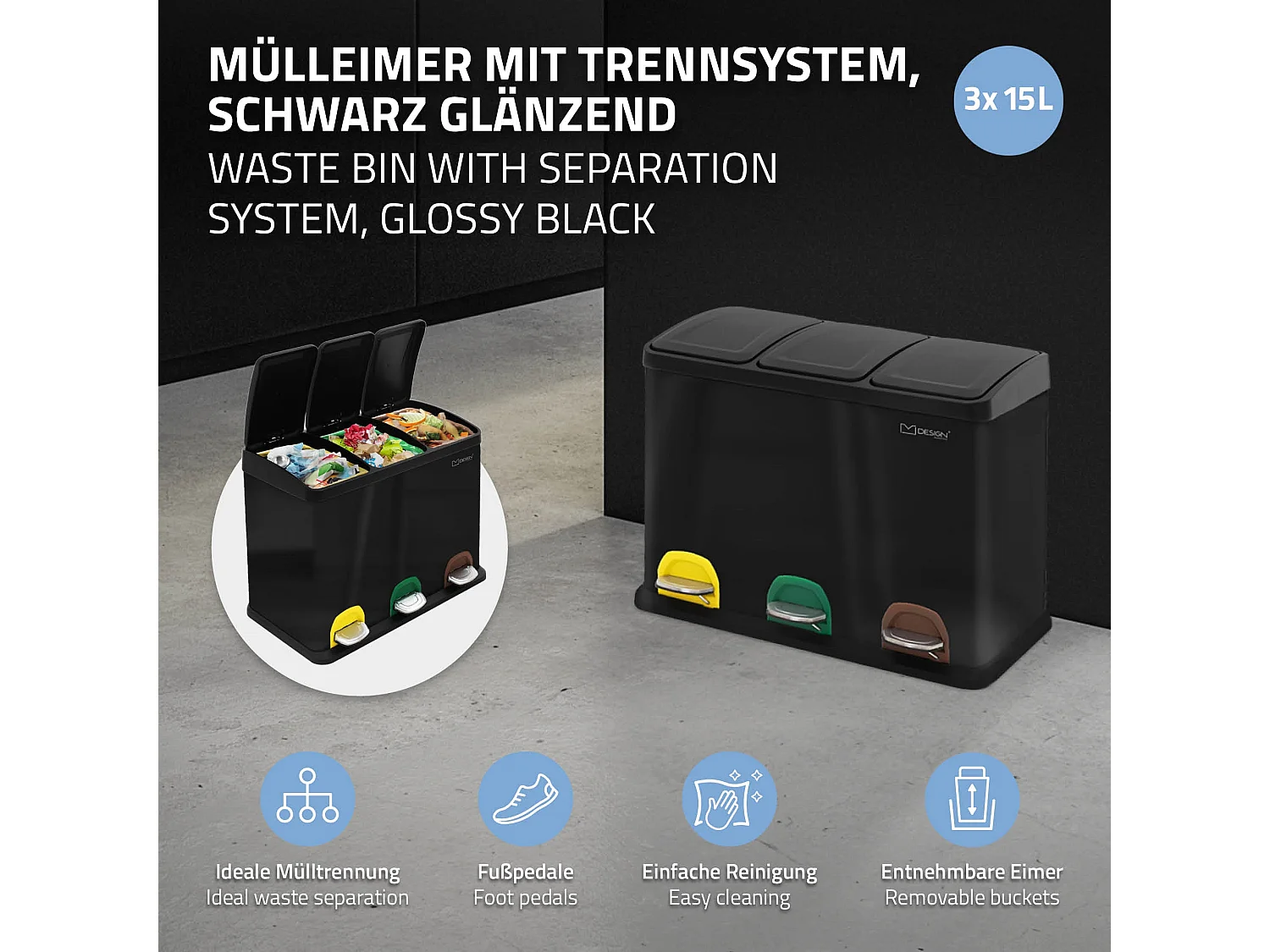 Cestino per rifiuti raccolta differenziata 3x15L pattumiera con pedali nero 45L