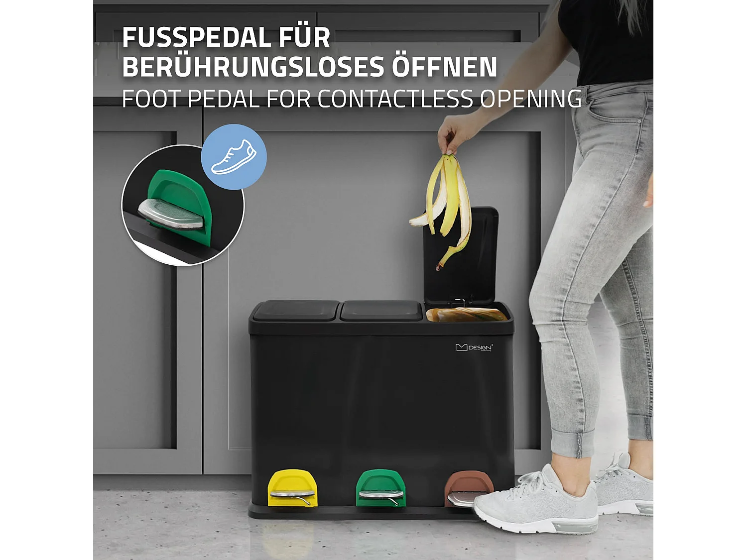 Cestino per rifiuti raccolta differenziata 3x15L pattumiera con pedali nero 45L