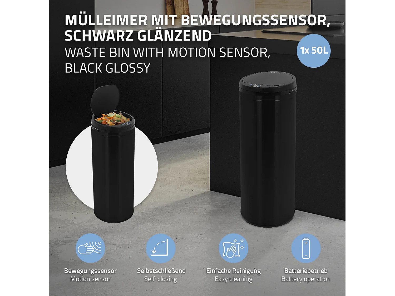 Poubelle 50L avec détecteur de mouvement en acier inoxydable ronde noir