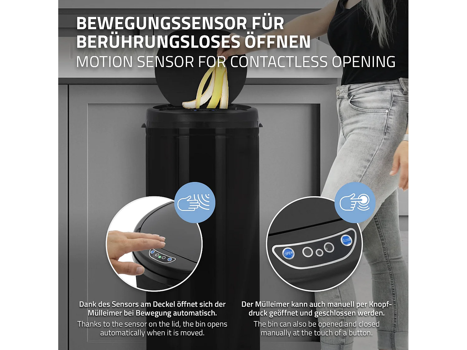 Poubelle 50L avec détecteur de mouvement en acier inoxydable ronde noir