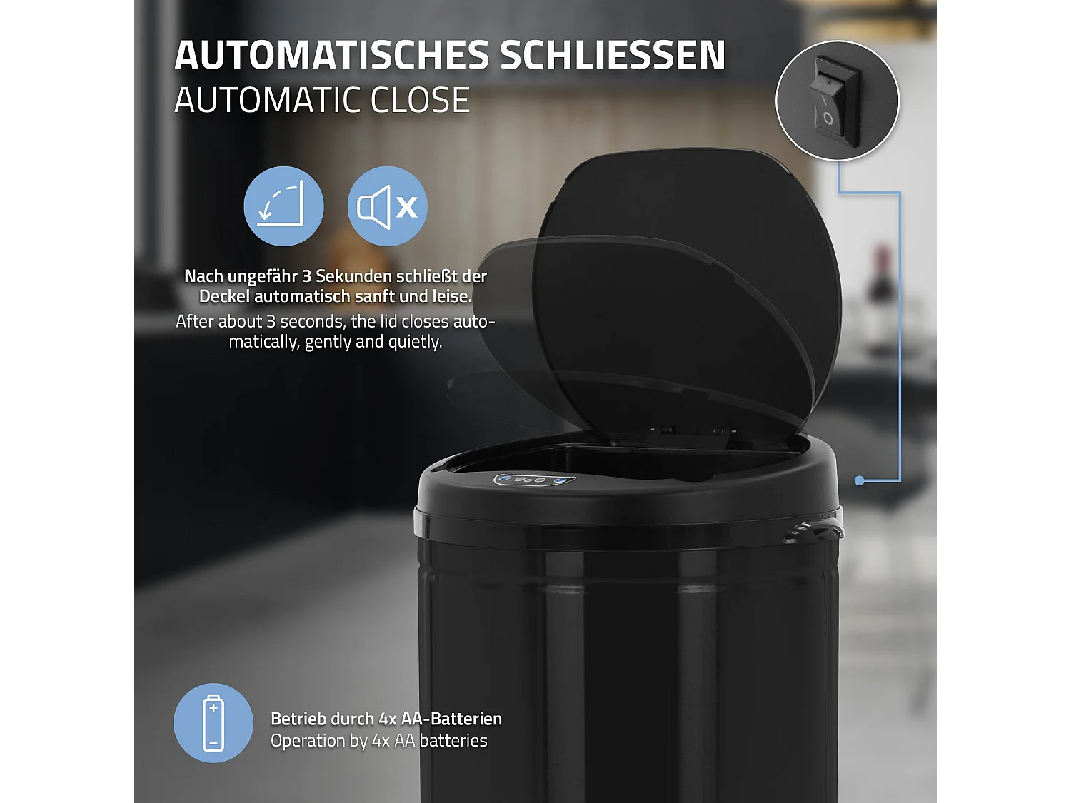 Poubelle 50L avec détecteur de mouvement en acier inoxydable ronde noir