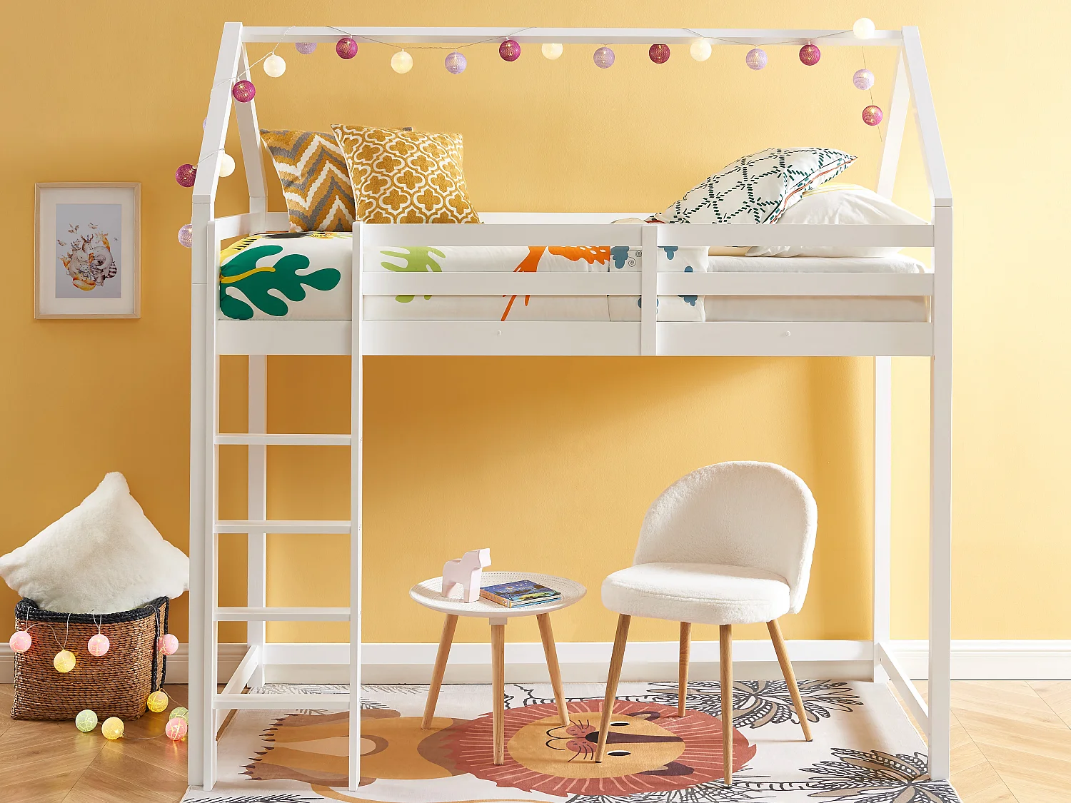 Hoogslaper 90 x 190 cm - Massief grenen - Wit + matras + dekbed + hoofdkussen - TARZIA