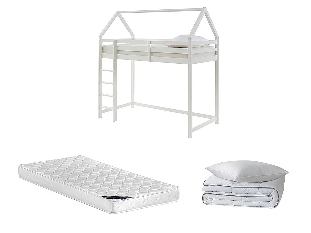 Hoogslaper 90 x 190 cm - Massief grenen - Wit + matras + dekbed + hoofdkussen - TARZIA