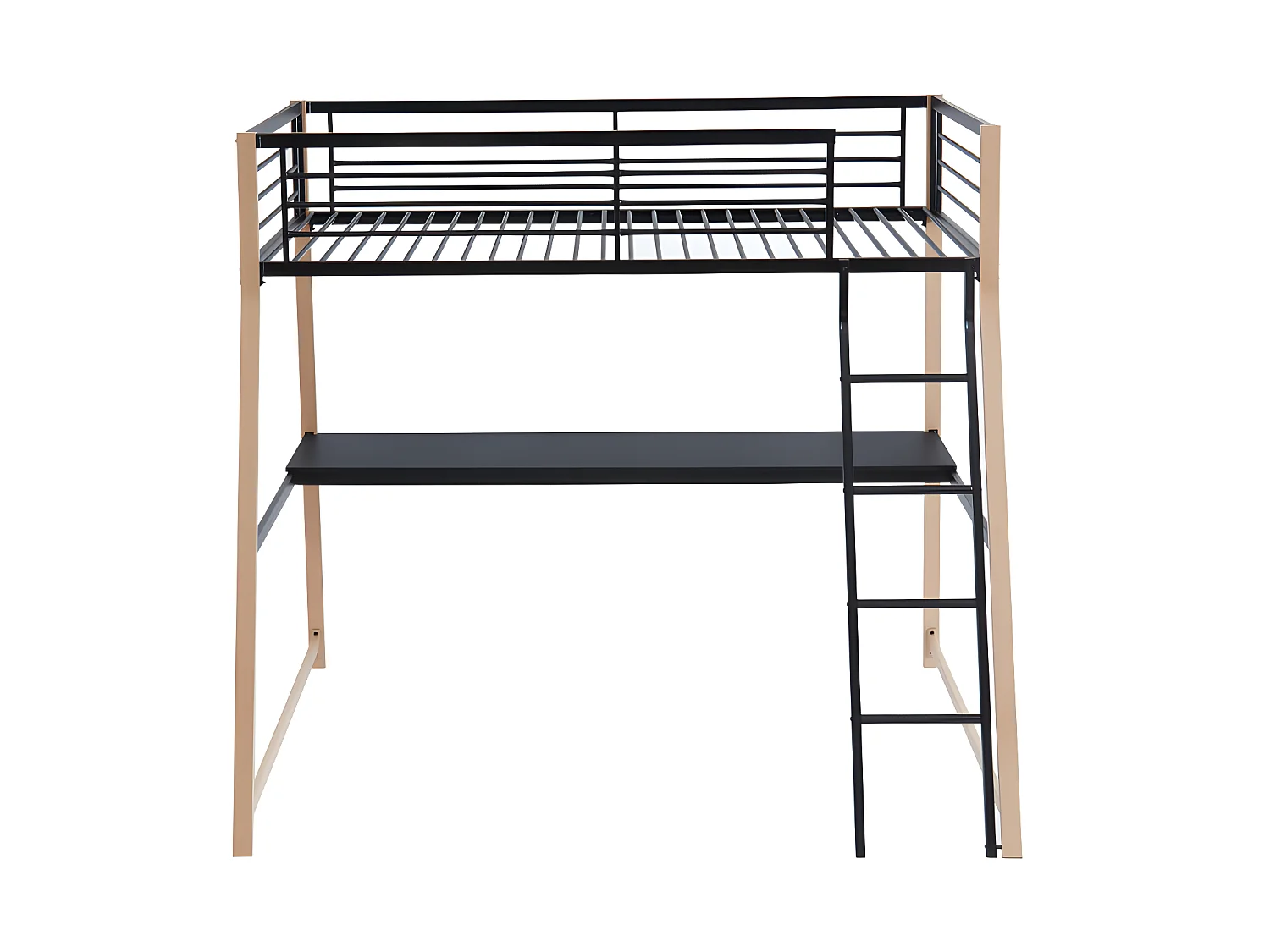 Lit mezzanine 90 x 190 cm avec bureau - Métal - Noir et naturel + matelas + couette + oreiller - MALICIA
