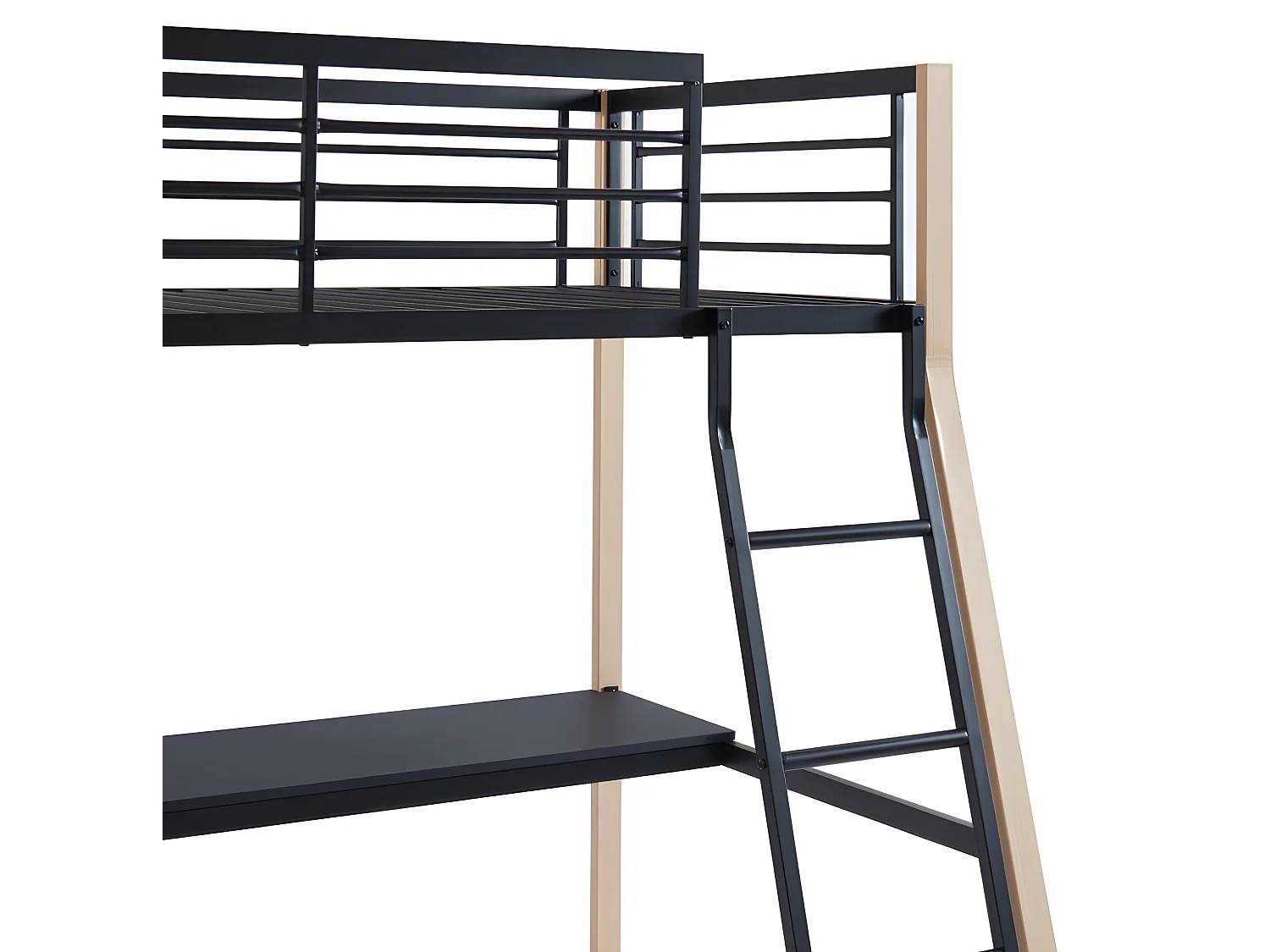 Lit mezzanine 90 x 190 cm avec bureau - Métal - Noir et naturel + matelas + couette + oreiller - MALICIA