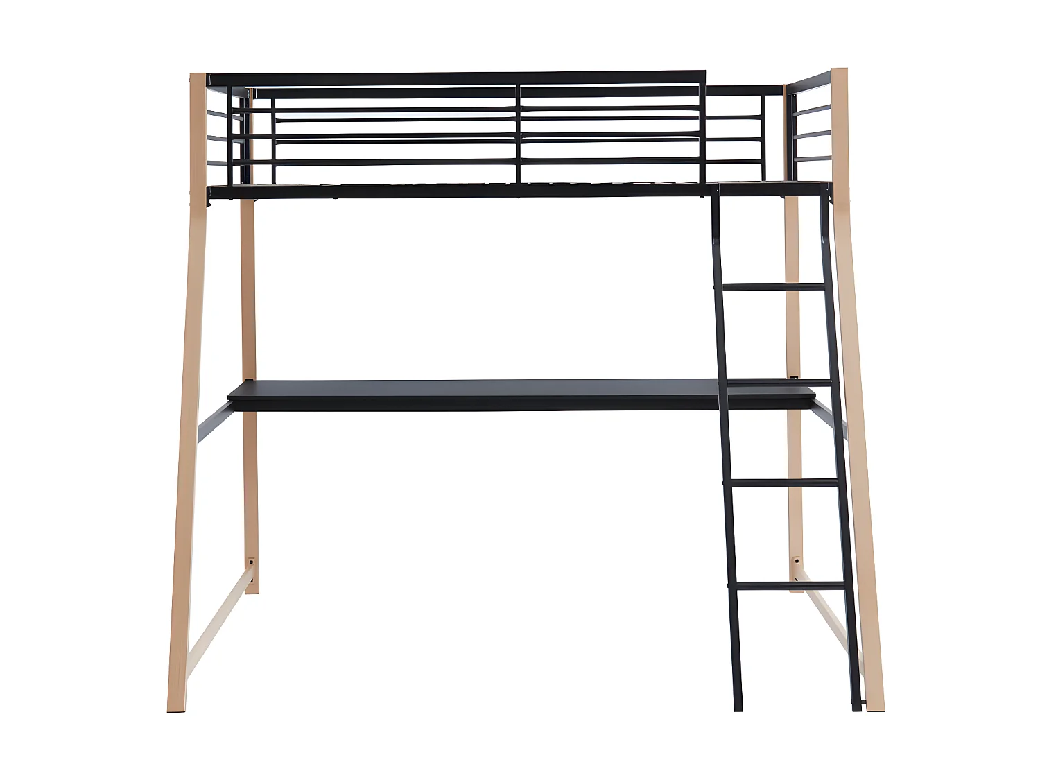 Lit mezzanine 90 x 190 cm avec bureau - Métal - Noir et naturel + matelas + couette + oreiller - MALICIA