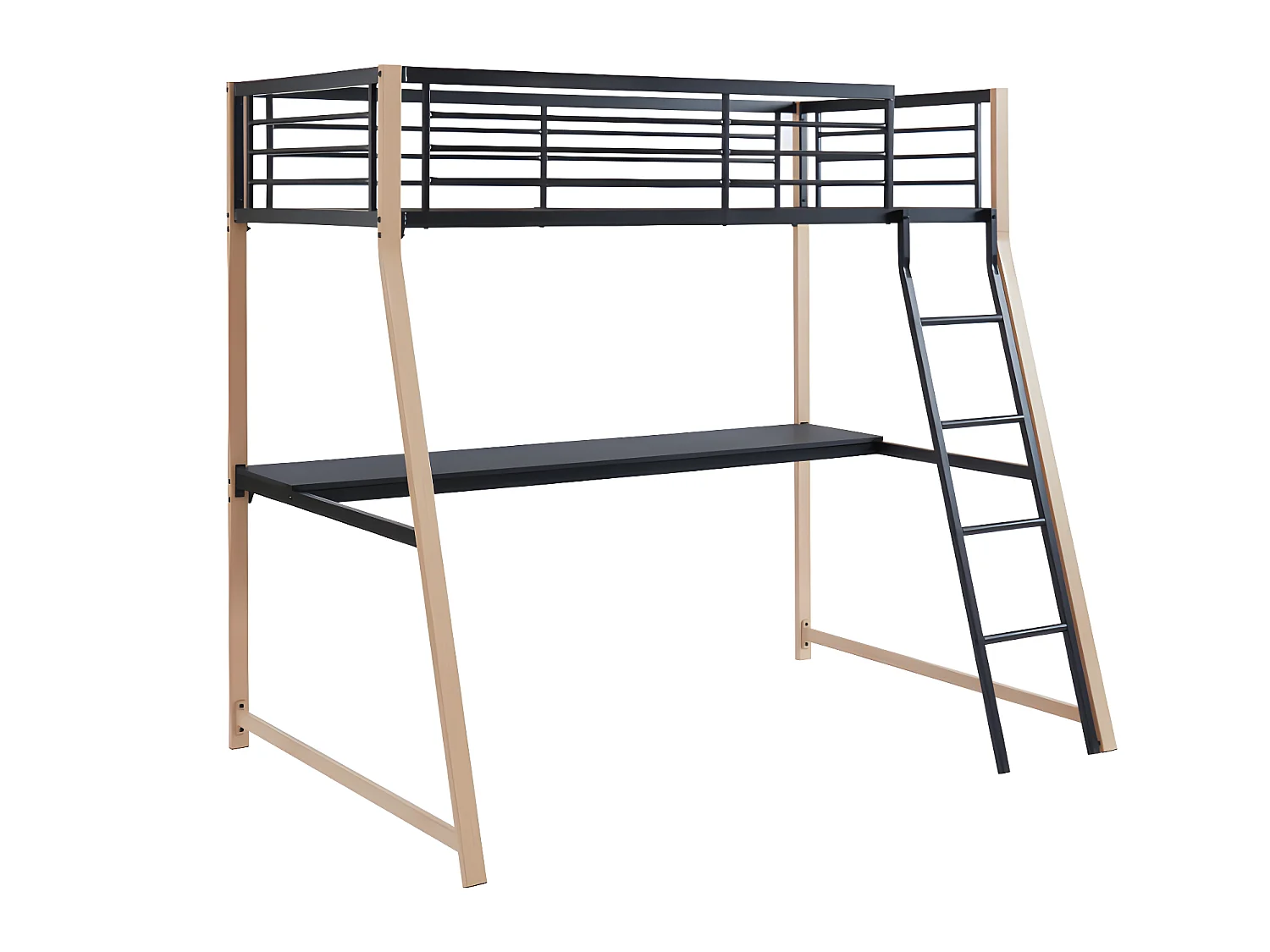 Lit mezzanine 90 x 190 cm avec bureau - Métal - Noir et naturel + matelas + couette + oreiller - MALICIA