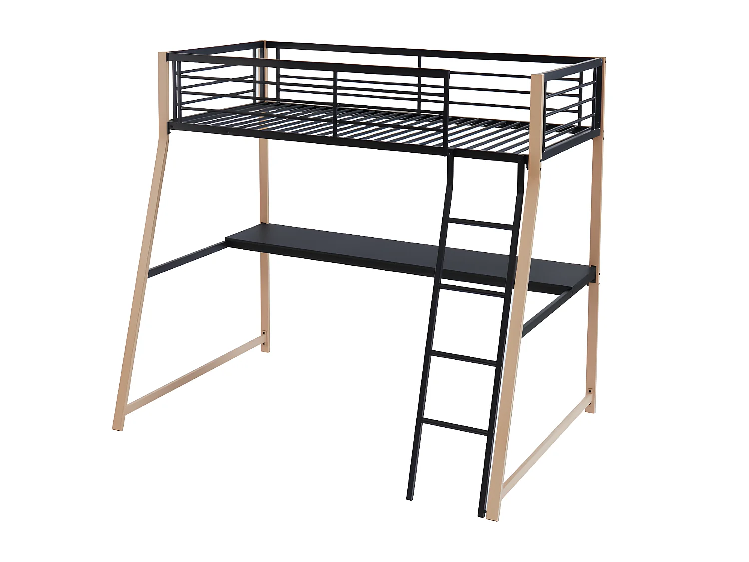 Lit mezzanine 90 x 190 cm avec bureau - Métal - Noir et naturel + matelas + couette + oreiller - MALICIA
