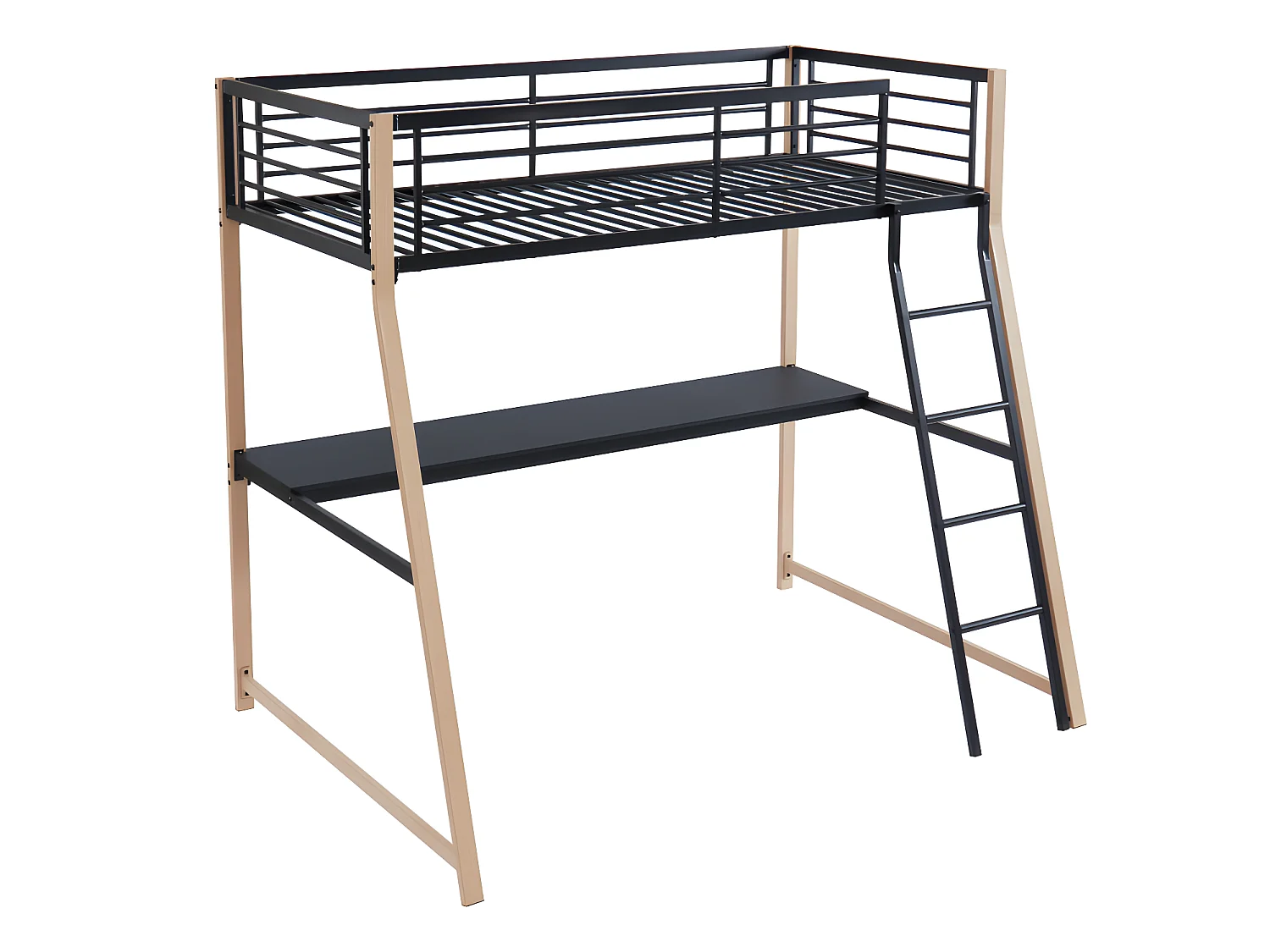 Lit mezzanine 90 x 190 cm avec bureau - Métal - Noir et naturel + matelas + couette + oreiller - MALICIA