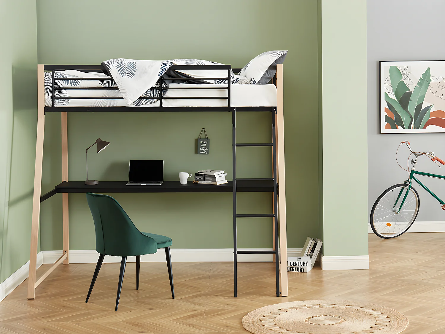 Lit mezzanine 90 x 190 cm avec bureau - Métal - Noir et naturel + matelas + couette + oreiller - MALICIA