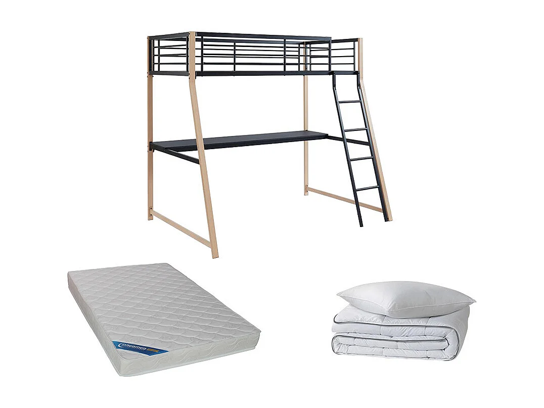 Lit mezzanine 90 x 190 cm avec bureau - Métal - Noir et naturel + matelas + couette + oreiller - MALICIA