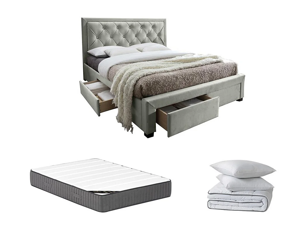 Cama con cajones 180 x 200 cm - Tejido de terciopelo color champán + colchón + edredón + almohada - LEOPOLD