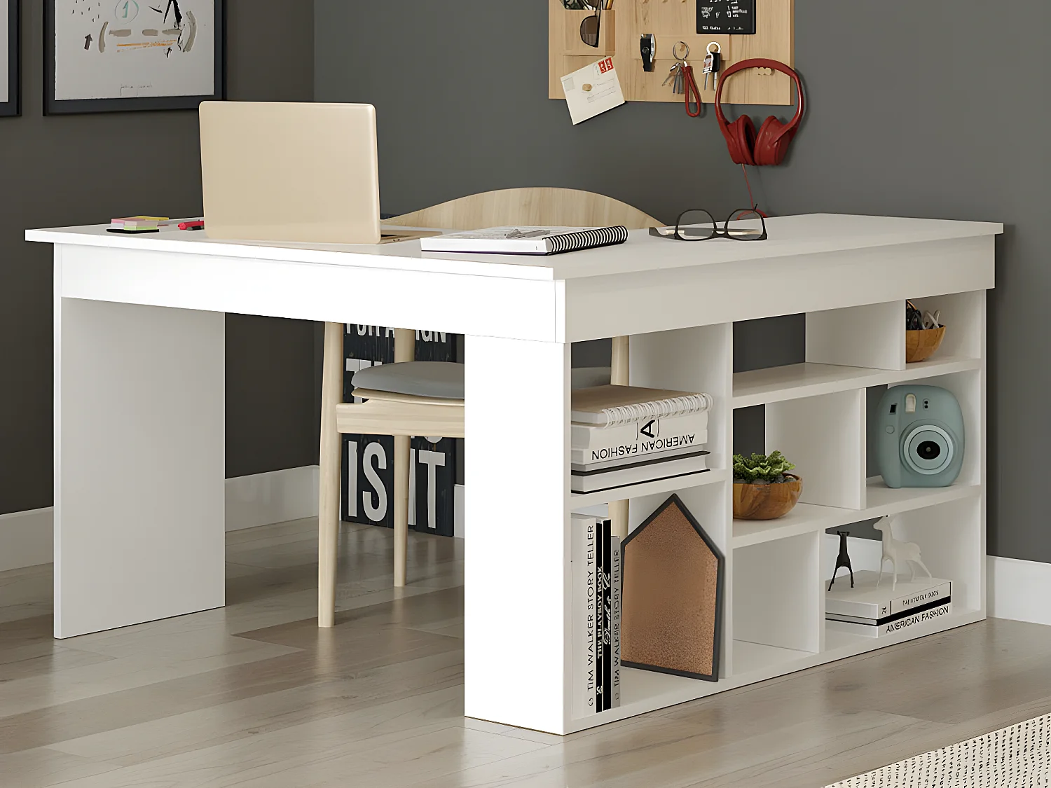 Bureau d'angle avec rangements - Coloris : Blanc + Chaise de bureau - LILEUL