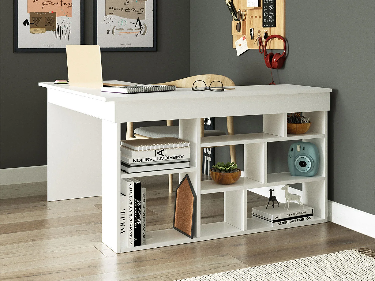 Bureau d'angle avec rangements - Coloris : Blanc + Chaise de bureau - LILEUL