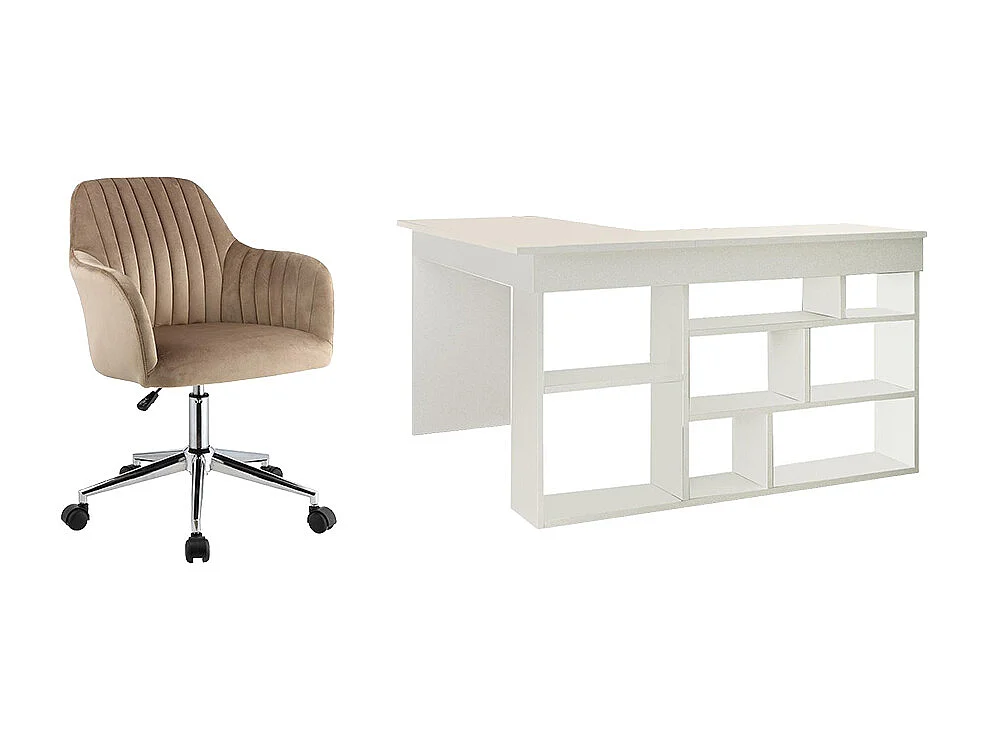 Bureau d'angle avec rangements - Coloris : Blanc + Chaise de bureau - LILEUL