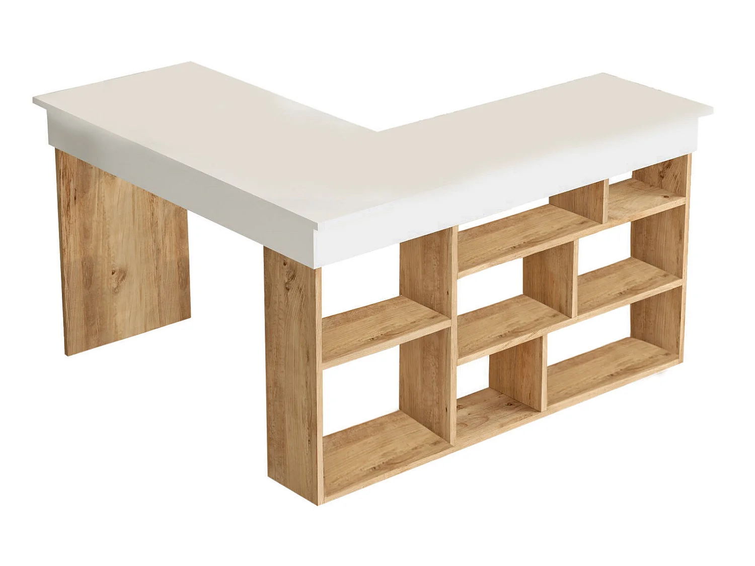 Bureau d'angle avec rangements - Coloris : Blanc et naturel + Chaise de bureau - LILEUL