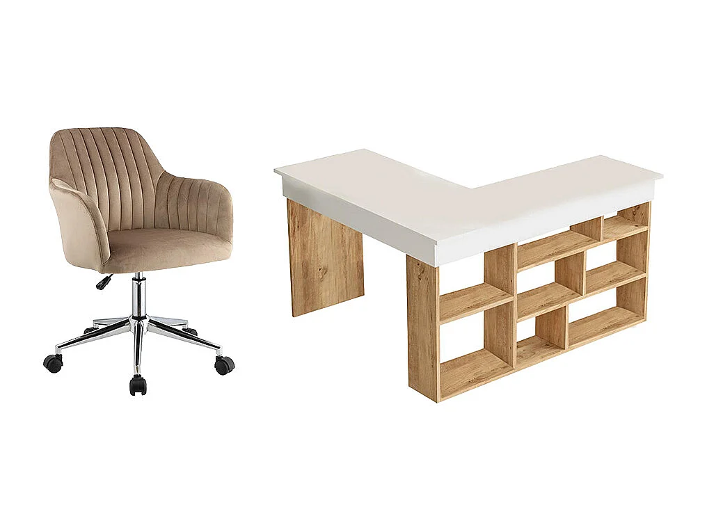 Bureau d'angle avec rangements - Coloris : Blanc et naturel + Chaise de bureau - LILEUL