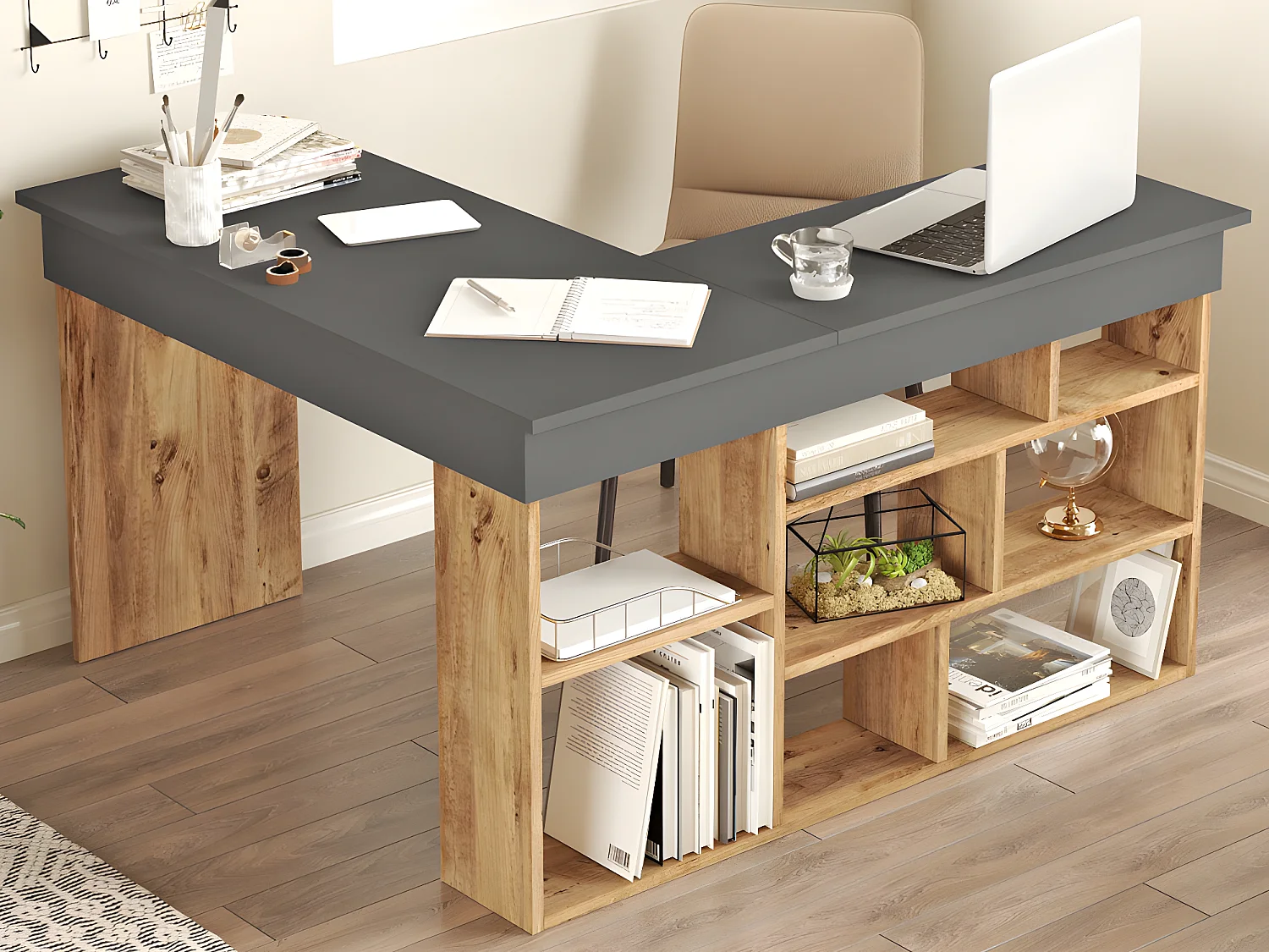 Bureau d'angle avec rangements - Coloris : Anthracite et naturel + Chaise de bureau - LILEUL