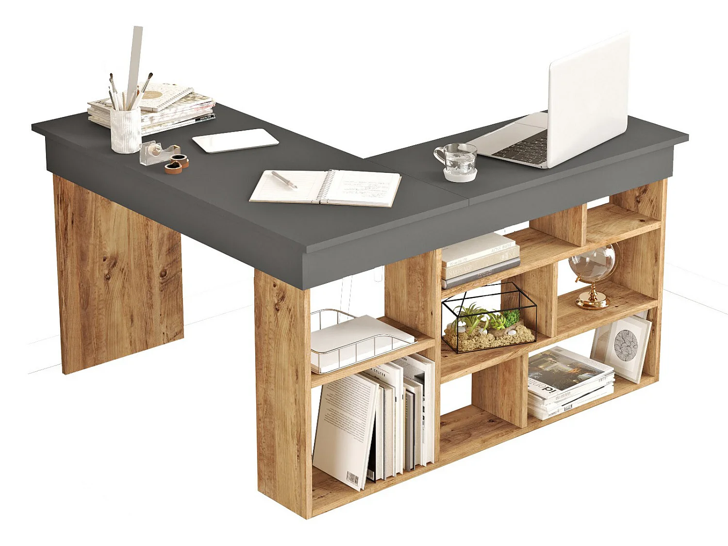 Bureau d'angle avec rangements - Coloris : Anthracite et naturel + Chaise de bureau - LILEUL