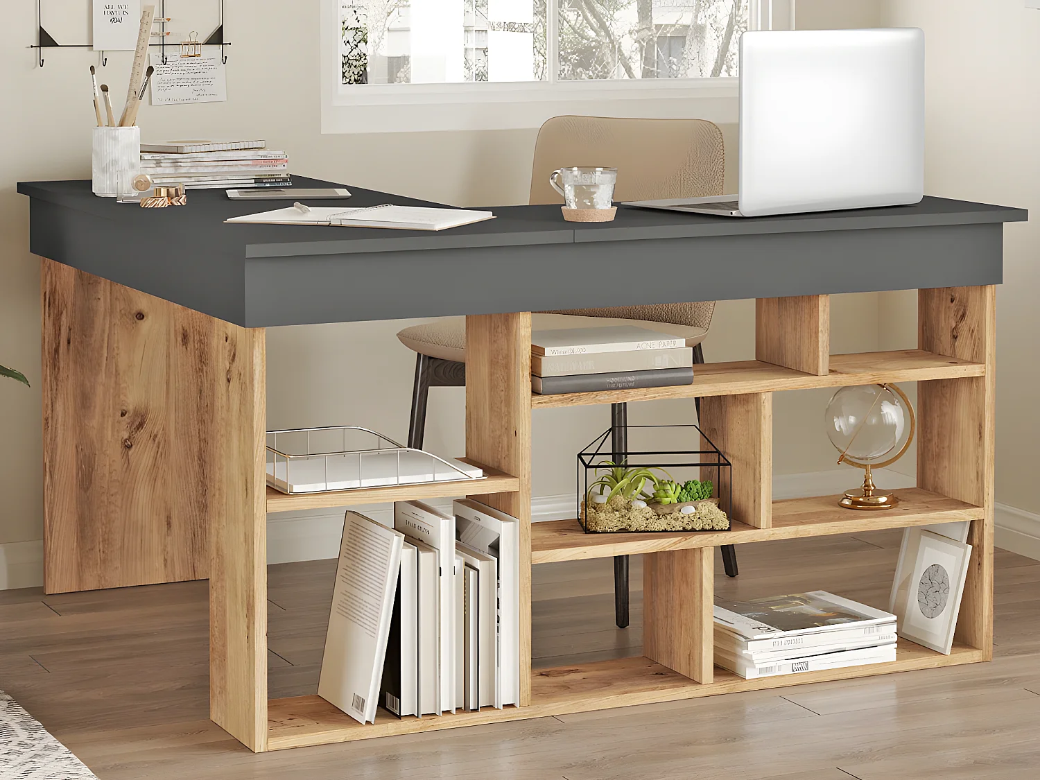 Bureau d'angle avec rangements - Coloris : Anthracite et naturel + Chaise de bureau - LILEUL