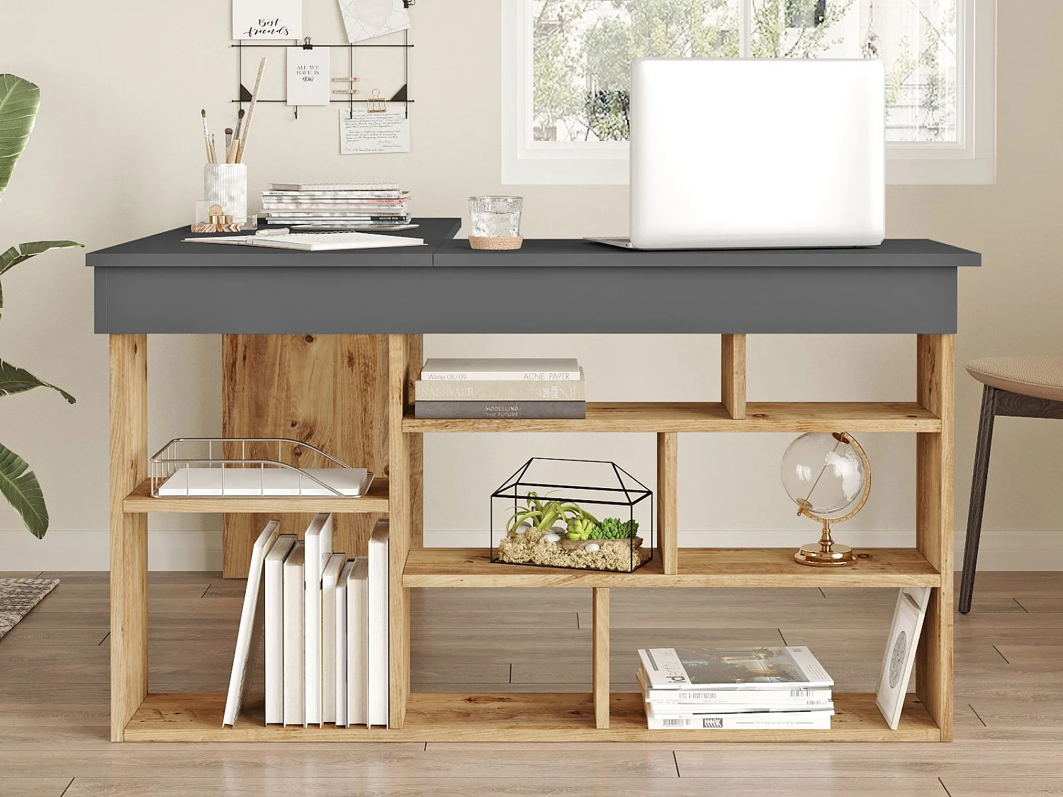 Bureau d'angle avec rangements - Coloris : Anthracite et naturel + Chaise de bureau - LILEUL