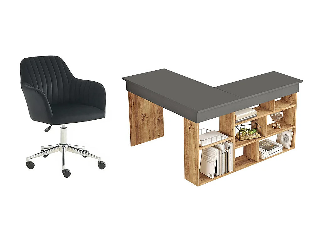 Bureau d'angle avec rangements - Coloris : Anthracite et naturel + Chaise de bureau - LILEUL