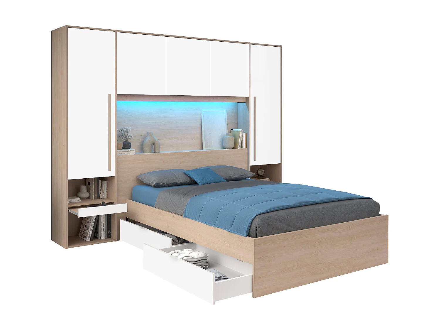 Lit pont 140 x 190 cm avec rangements - Avec LEDs - Coloris : Naturel et blanc brillant - VELONA