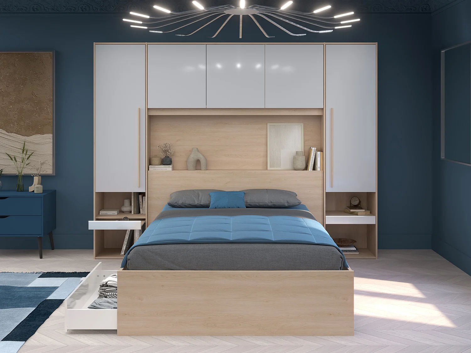 Lit pont 140 x 190 cm avec rangements - Avec LEDs - Coloris : Naturel et blanc brillant - VELONA