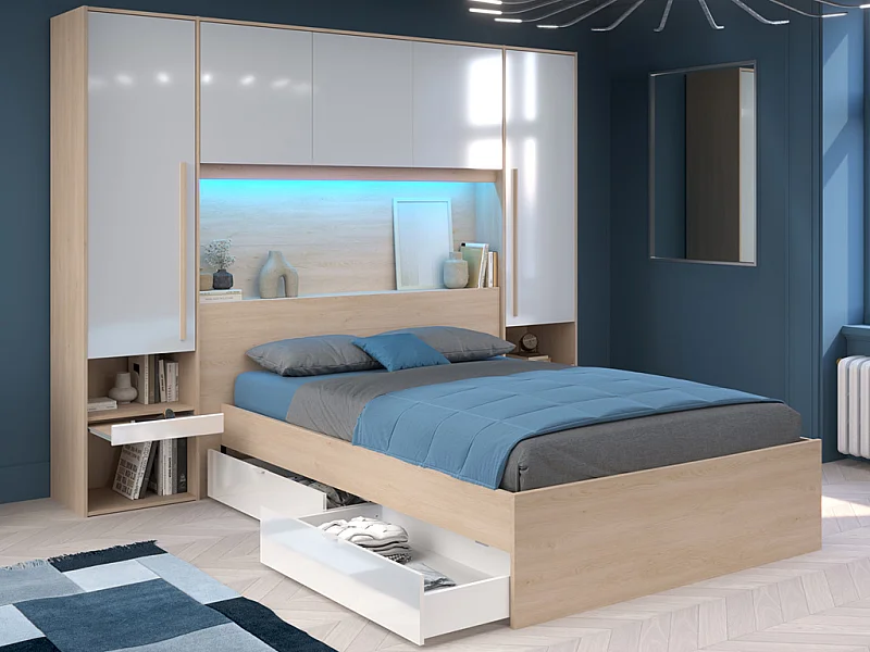 Bett mit Stauraum 140 x 190 cm mit LED-Beleuchtung - Holzfarben & glänzend weiß - VELONA