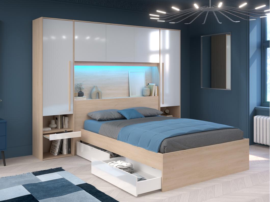 Letto con LED e vani portaoggetti 140 x 190 cm Naturale e Bianco lucido - VELONA