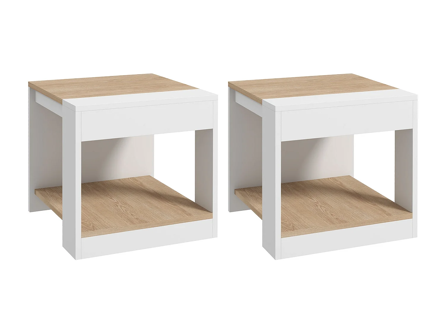 Lot de 2 tables basses bouts de canapé guéridons design panneaux blanc aspect chêne clair
