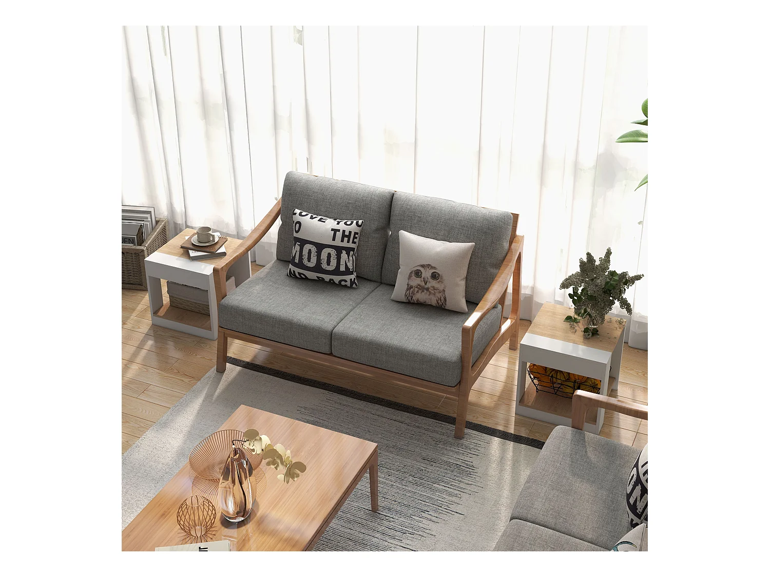 Lot de 2 tables basses bouts de canapé guéridons design panneaux blanc aspect chêne clair