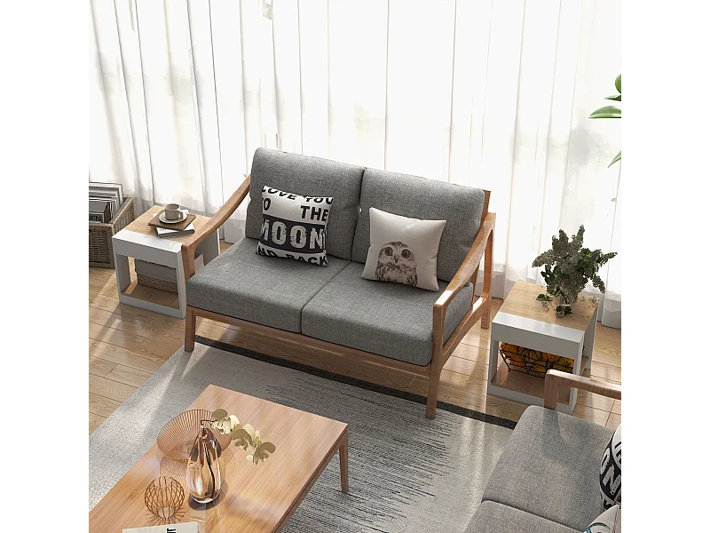 Lot de 2 tables basses bouts de canapé guéridons design panneaux blanc aspect chêne clair