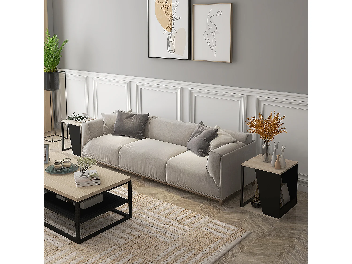 Lot de 2 tables basses bouts de canapé guéridons design acier noir panneaux noir aspect chêne clair