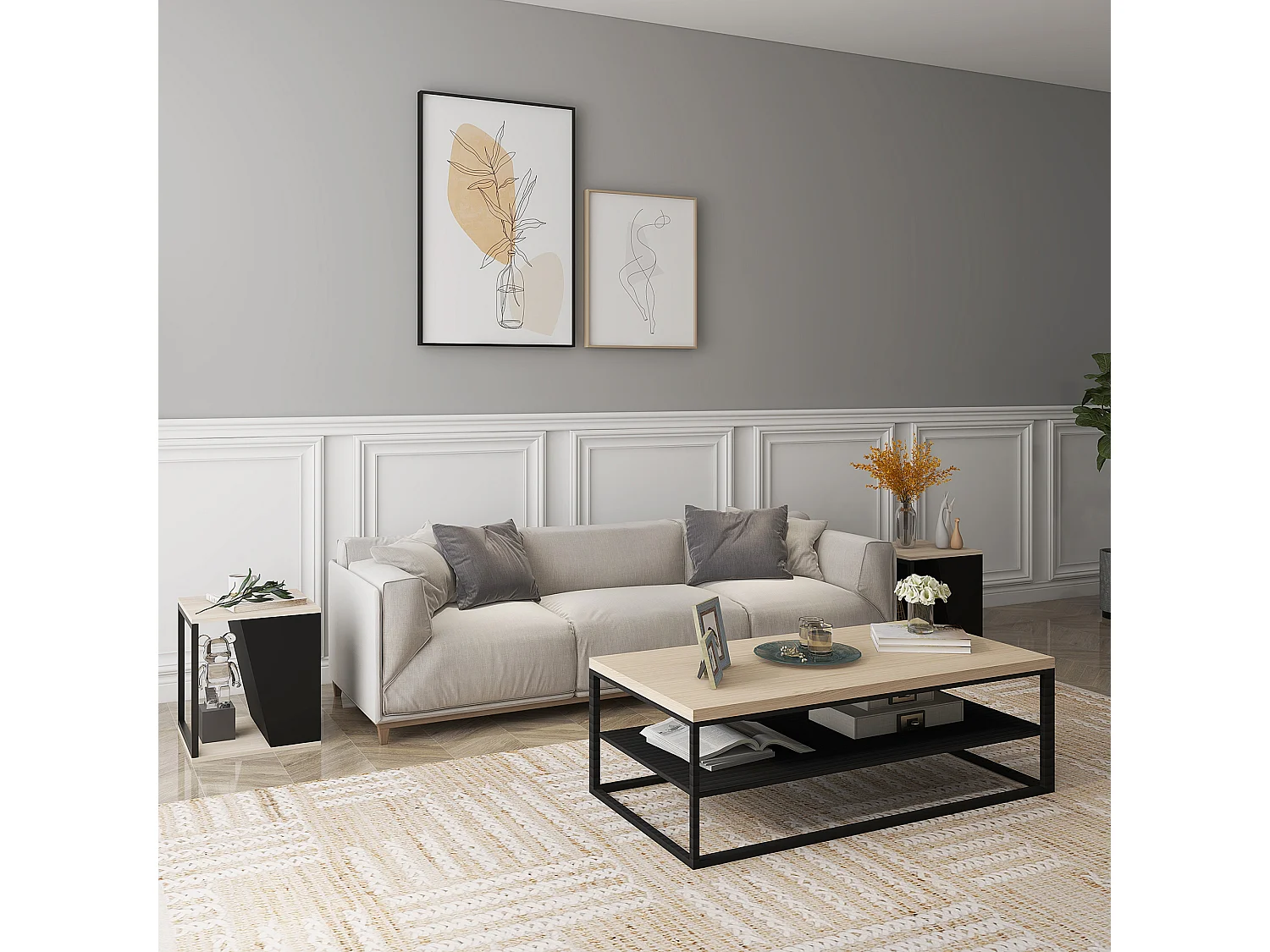 Lot de 2 tables basses bouts de canapé guéridons design acier noir panneaux noir aspect chêne clair