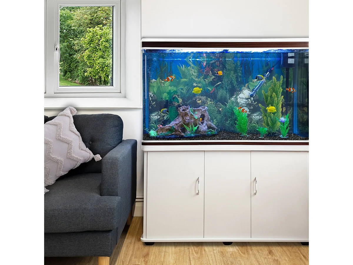 Aquarium Blanc avec Meuble de support Blanc assorti et Gravier Noir