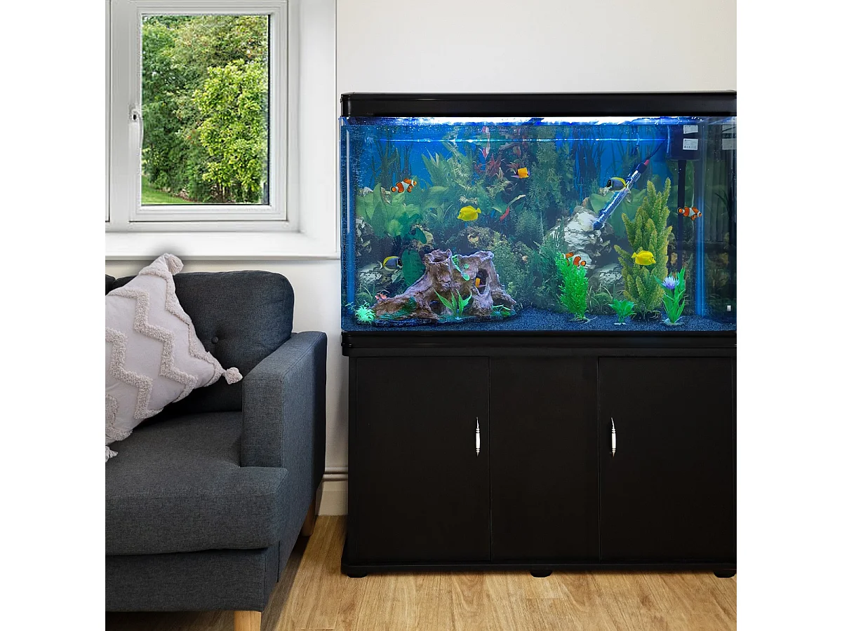 Aquarium Ã  bords Noir avec Meuble NOIR et Gravier Bleu