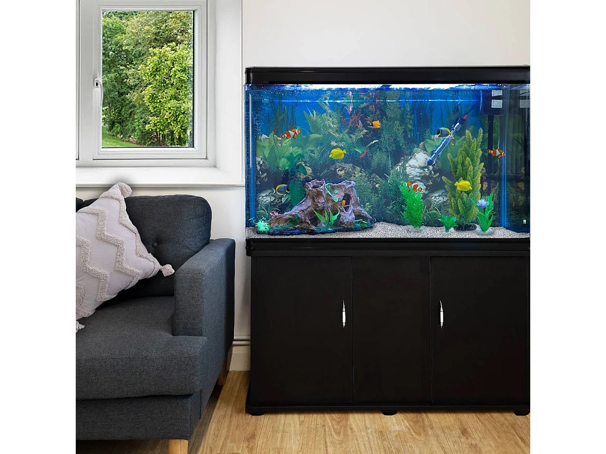 MonsterShop - Acquario 300 Litri con Armadietto Nero e Kit con Piante e Ghiaia Bianca 143cm x 120cm x 39cm