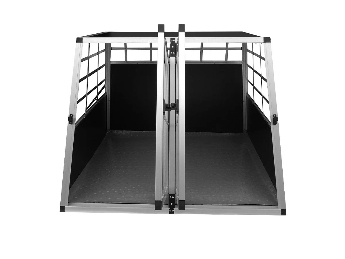 Auto Hundetransportbox große Doppelbox Hundebox Transportbox Gitterbox Fahrzeugbox Kofferraumbox Katzen Hunde Aluminium Trapez