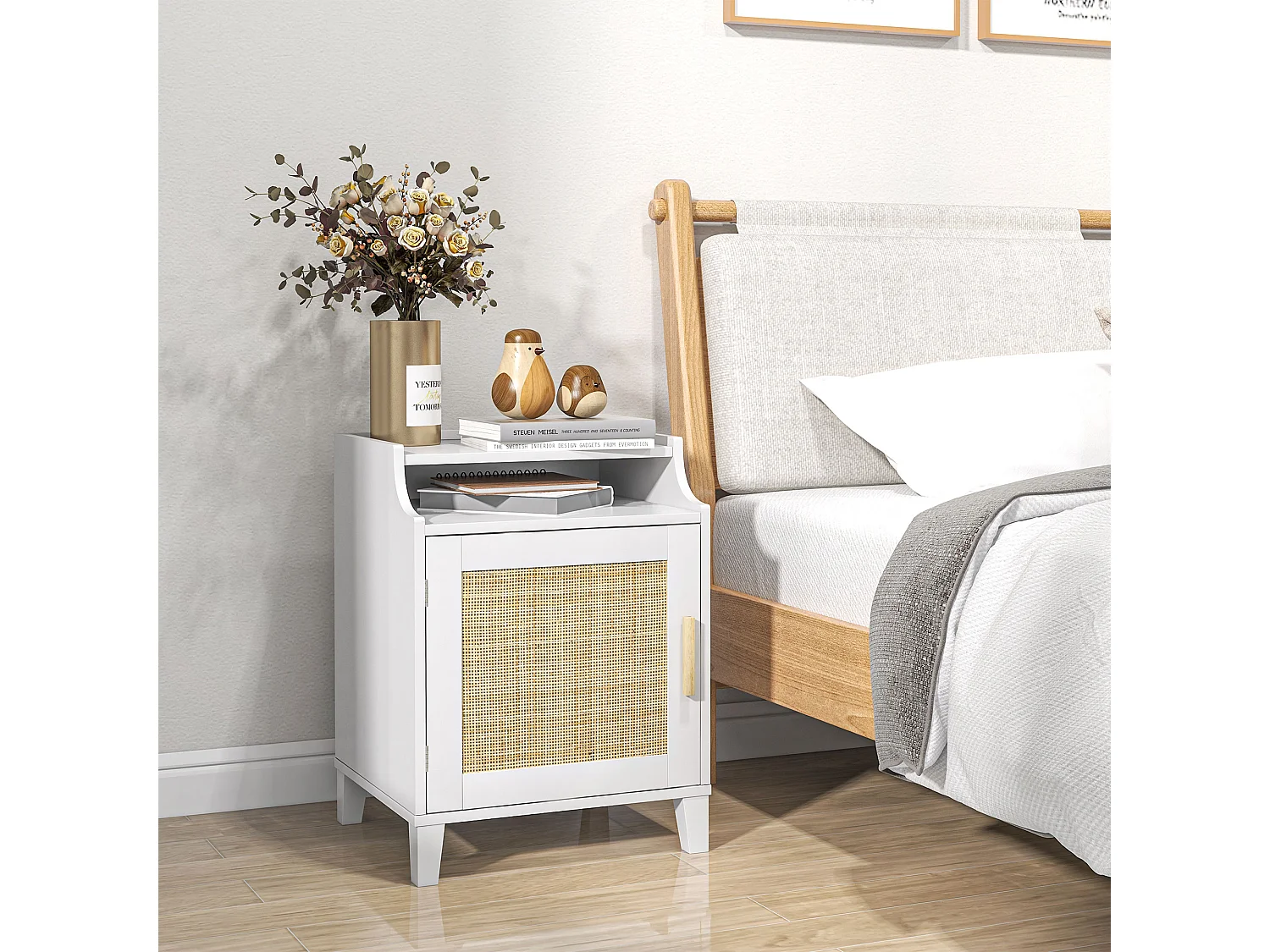 Table de chevet table de nuit style bohème chic - porte avec étagère, niche - cannage en rotin MDF blanc