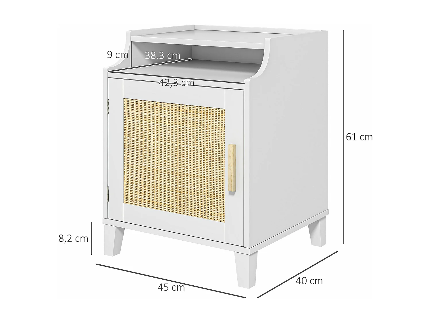 Table de chevet table de nuit style bohème chic - porte avec étagère, niche - cannage en rotin MDF blanc