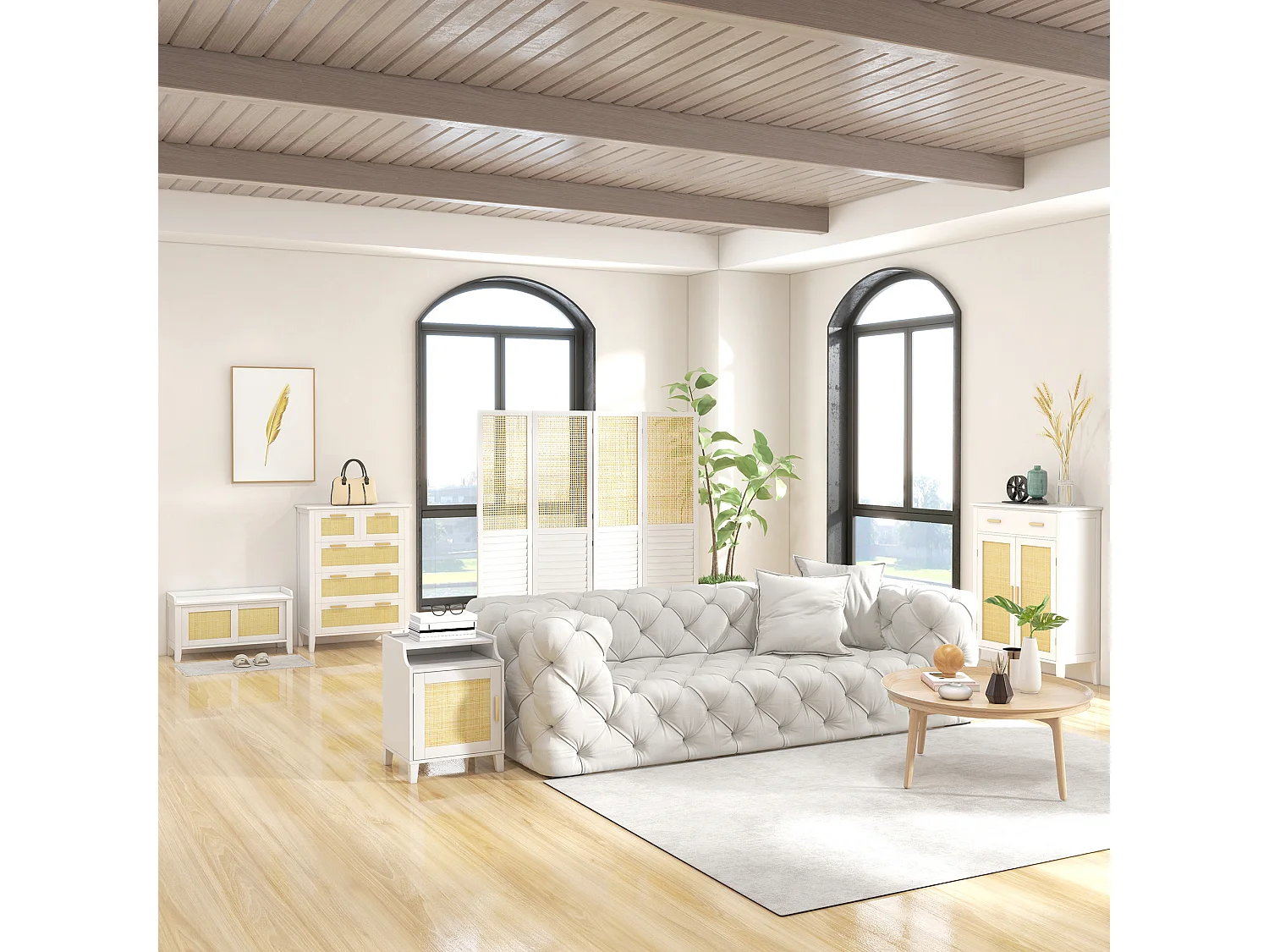 Table de chevet table de nuit style bohème chic - porte avec étagère, niche - cannage en rotin MDF blanc