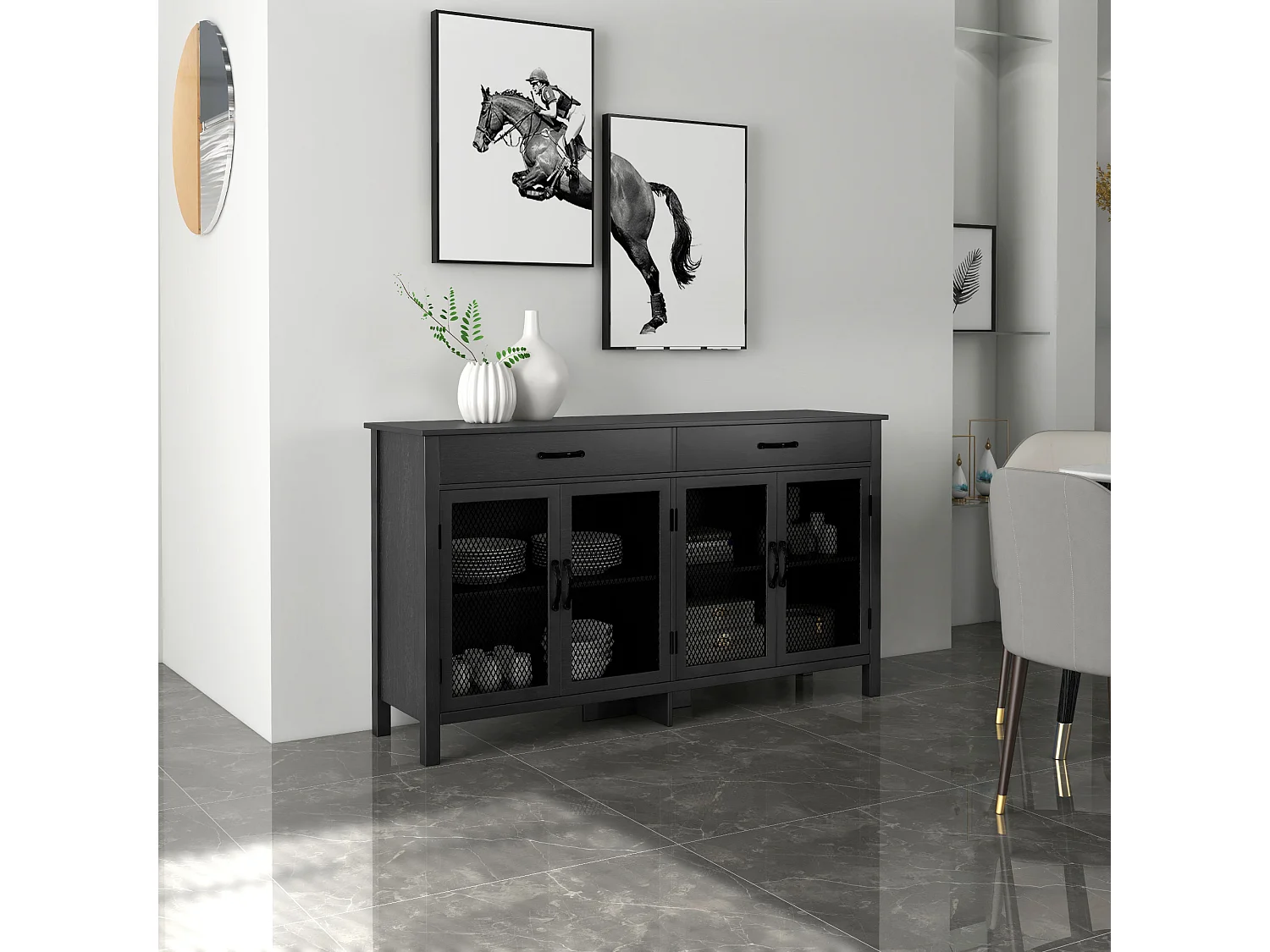 Buffet design industriel - 4 portes, 2 étagères réglables, 2 tiroirs - panneaux façades grillagées poignées métal noir