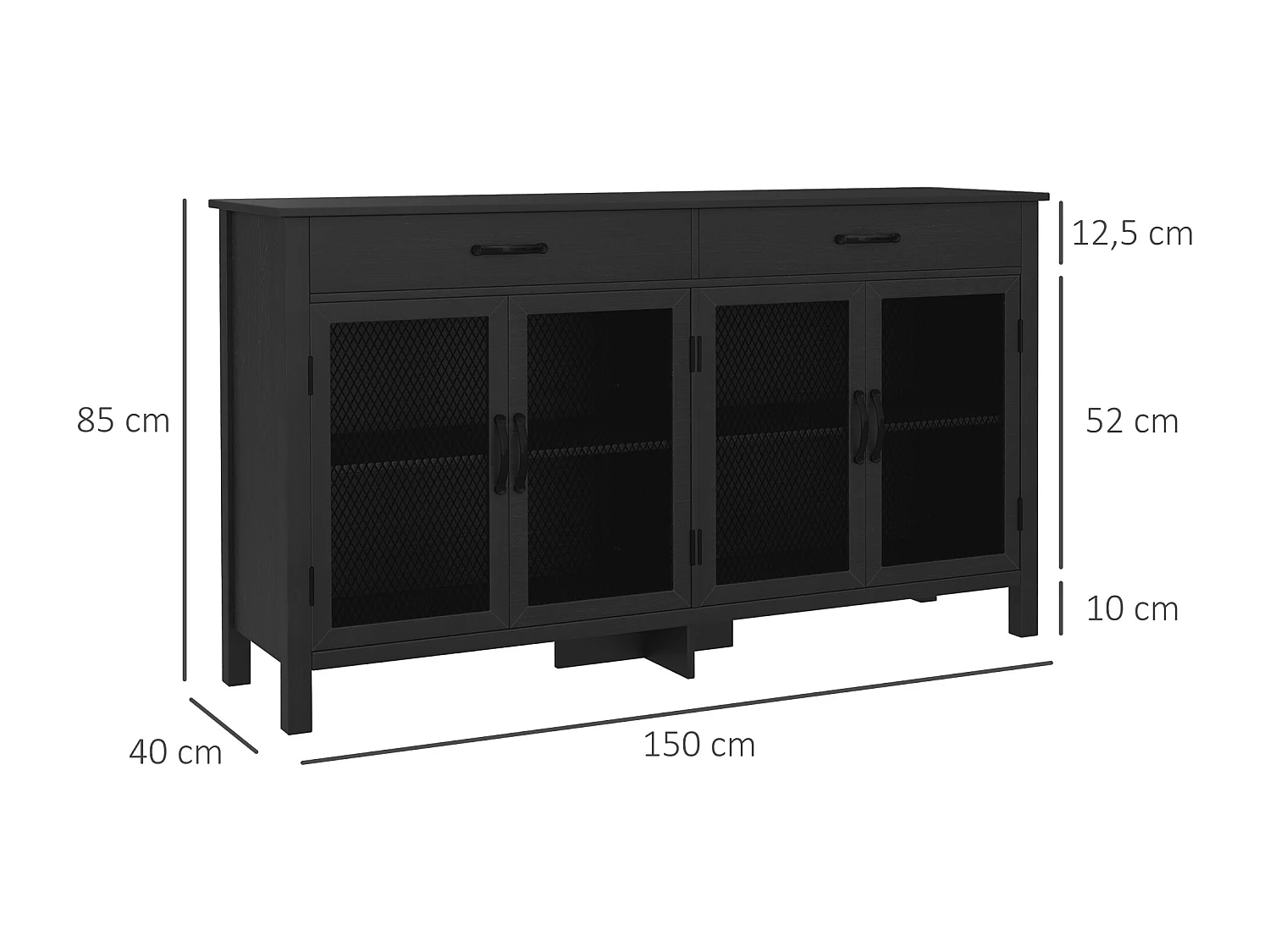 Buffet design industriel - 4 portes, 2 étagères réglables, 2 tiroirs - panneaux façades grillagées poignées métal noir