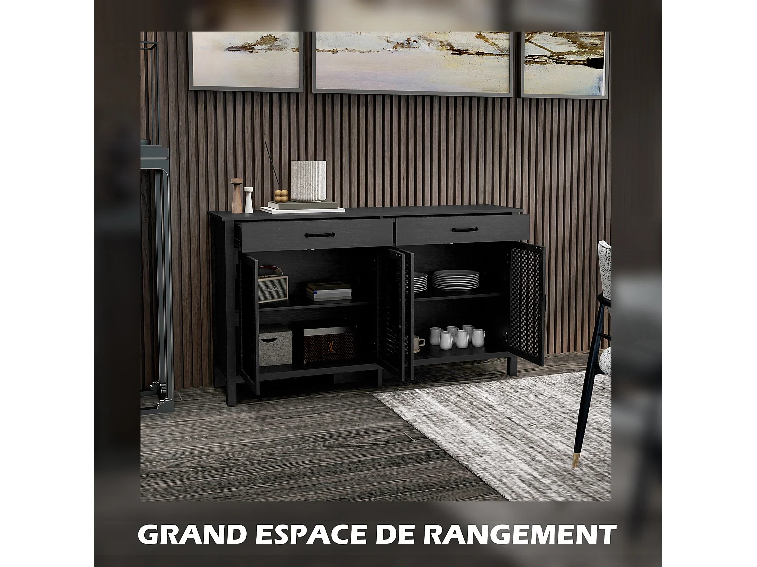 Buffet design industriel - 4 portes, 2 étagères réglables, 2 tiroirs - panneaux façades grillagées poignées métal noir