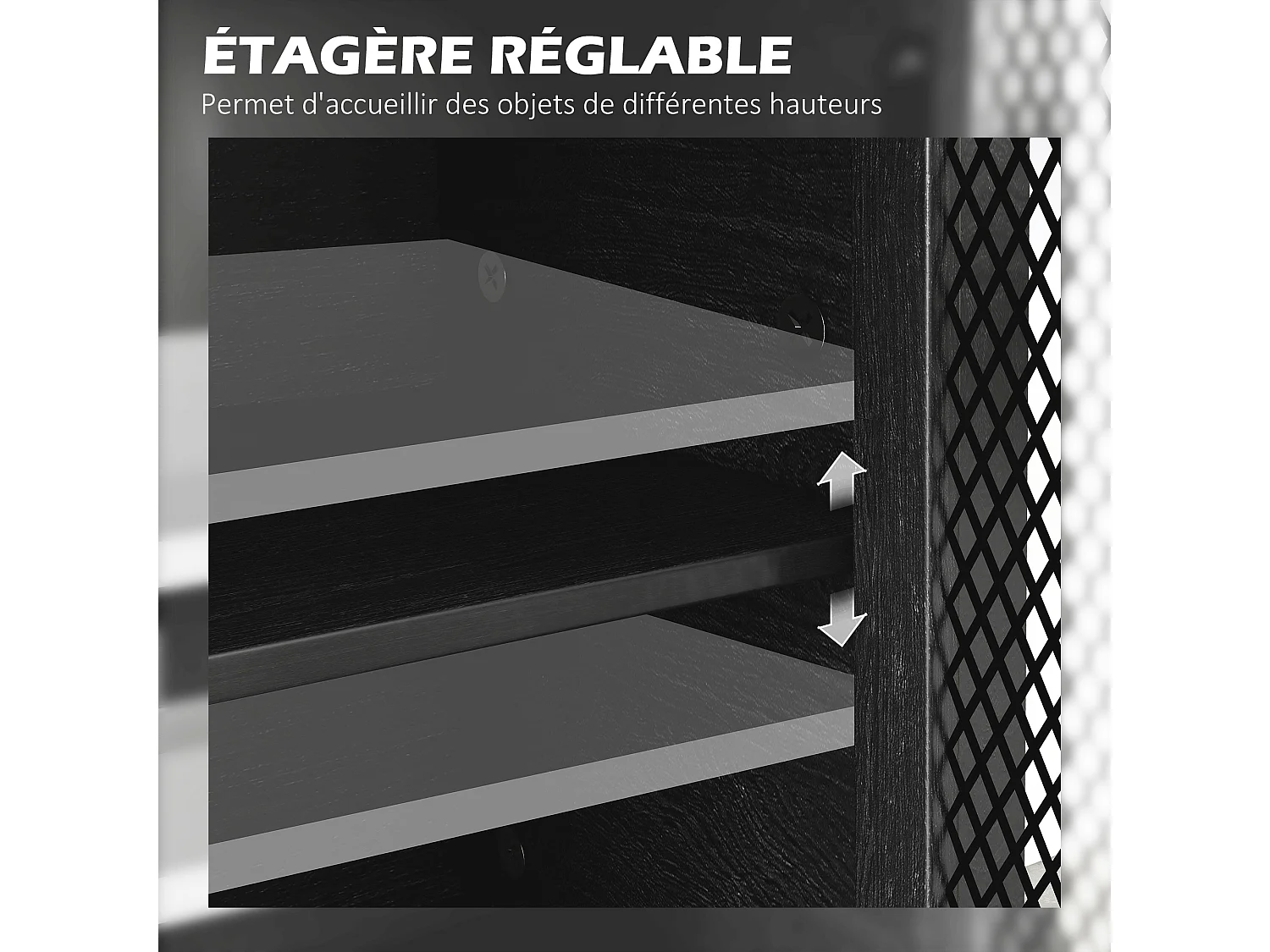 Buffet design industriel - 4 portes, 2 étagères réglables, 2 tiroirs - panneaux façades grillagées poignées métal noir