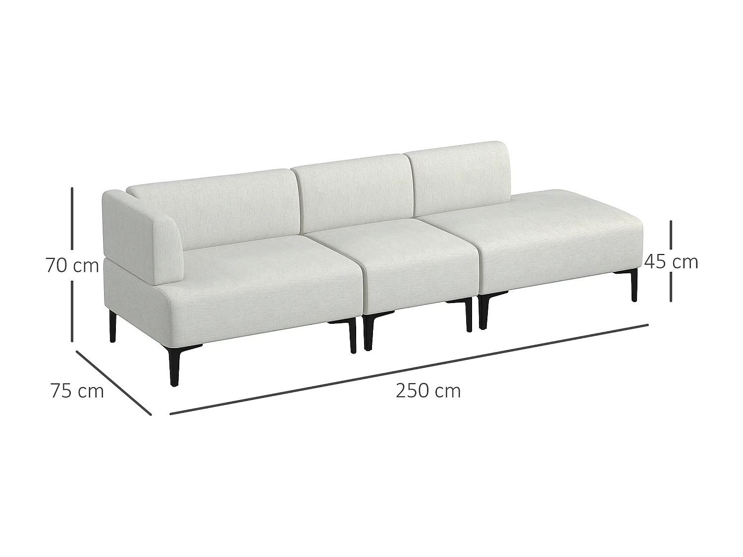 Canapé 3 places design contemporain modulable piètement acier noir tissu aspect lin blanc cassé